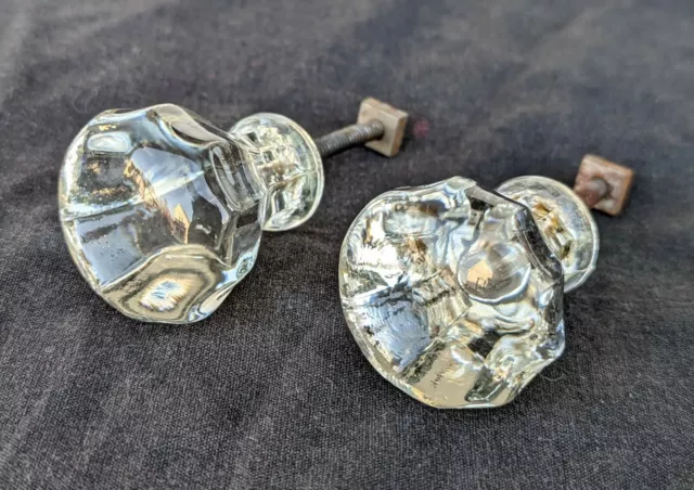 Pair BIG Vintage Antique Hexagon Glass Dresser Drawer Furniture Knob Pull Handle