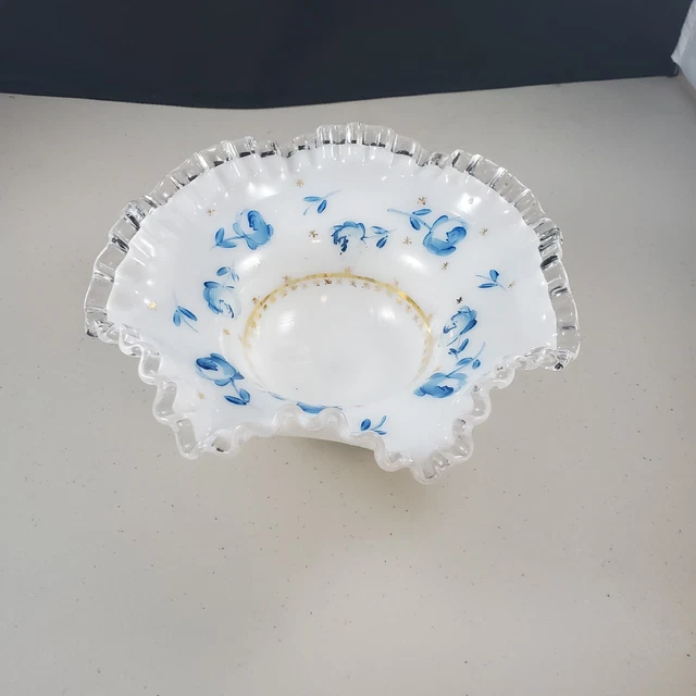 Fenton Charleton Blue Roses Silver Crest Bowl Bon Bon Hand Painted Gold Accents