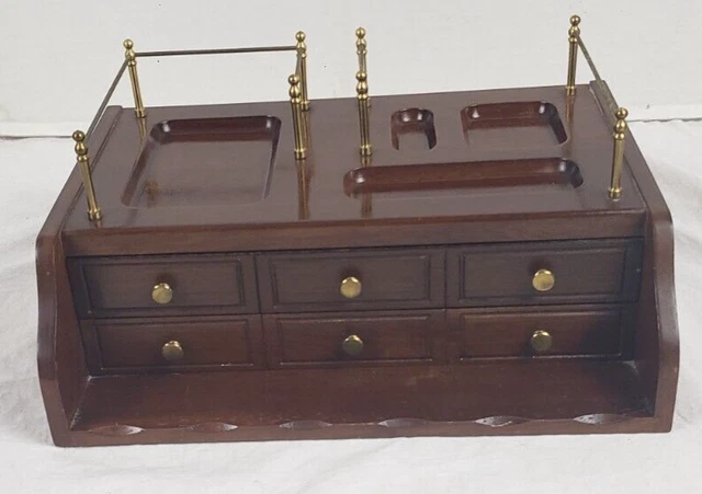 Vintage Brass Rail Wooden Jewelry Box/Valet Two Drawer 12.5" x 9" x 6"