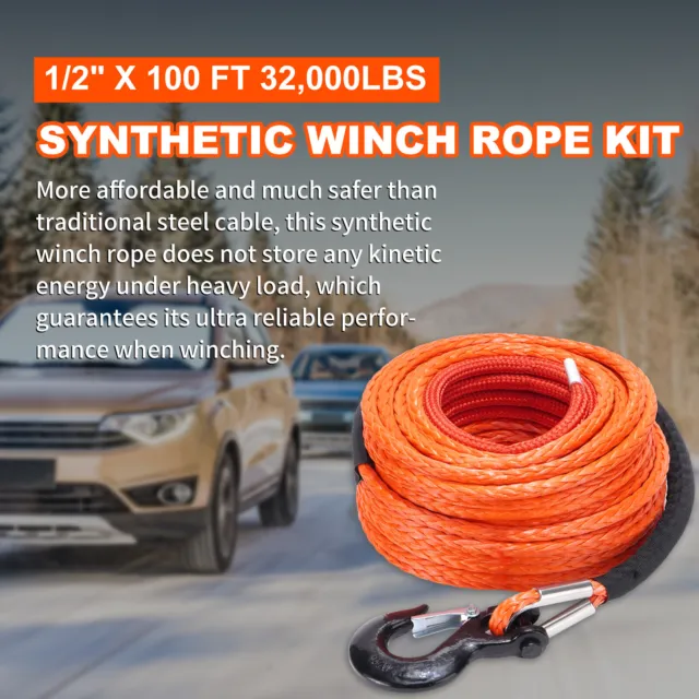 1/2"x100Ft Synthetic Winch Rope Line Recovery Cable w/Winch Hook For ATV UTV SUV