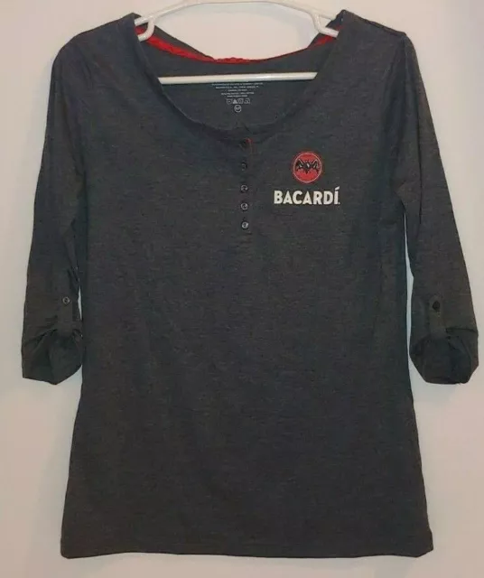 Bacardi Bat Ladies Small Petite Button Neck 3/4 Sleeve T-Shirt Grey Red New