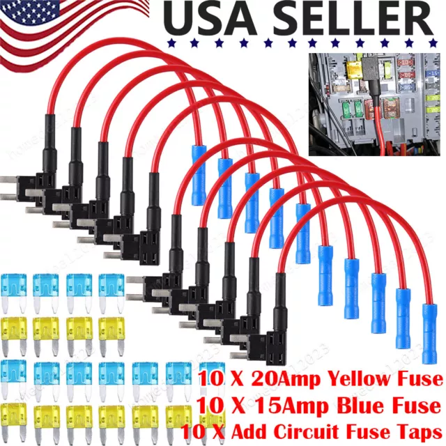 30 pcs Car Add-a-circuit Fuse TAP Adapter Set, Mini ATM APM 15 20 AMP