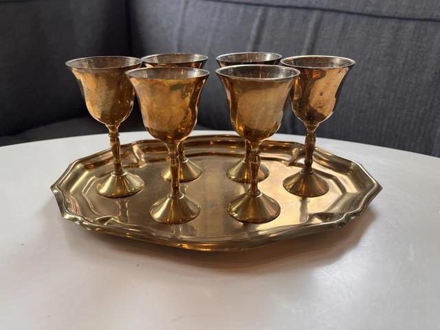 Midcentury Brass Aperitif/Sherry/Cordial Set - Tray + 6 Glasses, Made in India