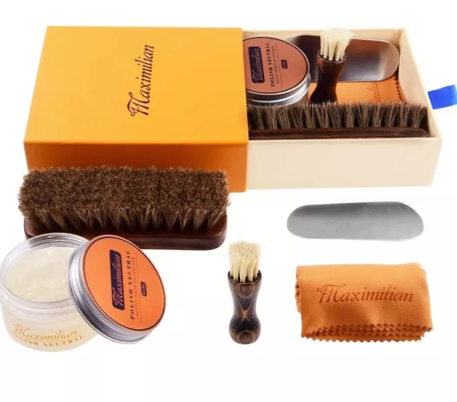 Professional Neutral Shoe Polish & Shine Kit, Horsehair Shoe Brushes/Shoe Polish