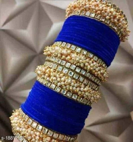 36 Teile Blau Samt Glas Armreif Kundan Kada Braut Armreif Set Mädchen/Damen
