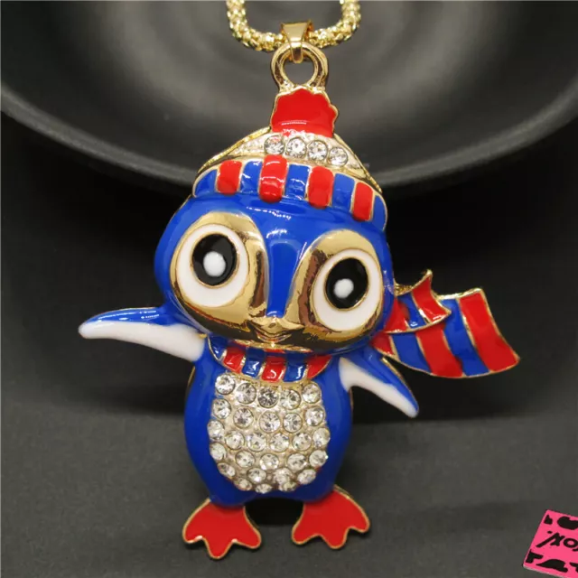 Fashion Women Lovely Crystal Blue Enamel Scarf Penguin Sweater Chain Necklace