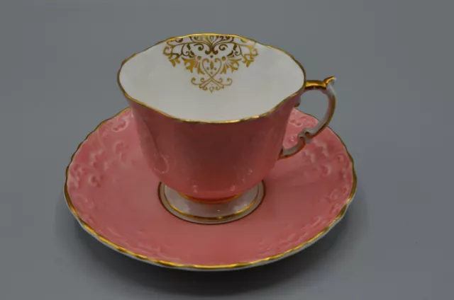 Aynsley Pink Gold Embossed Bone China Tea Cup & Saucer England Vtg