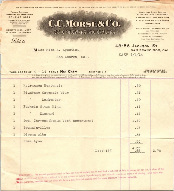 C C Morse & Co San Francisco CA 1914 Billhead Seed Growers and Dealers