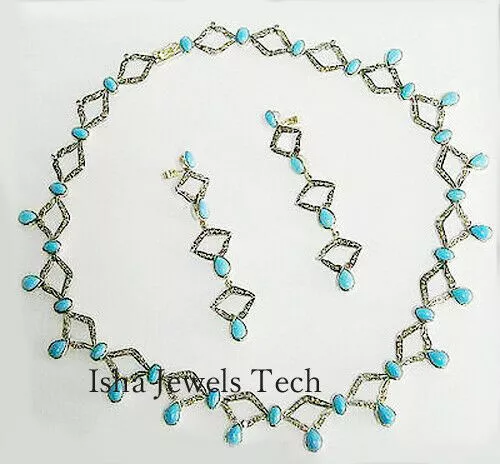 Natural Rose Cut Diamond & Turquoise 925 Sterling Silver Victorian Necklace Set