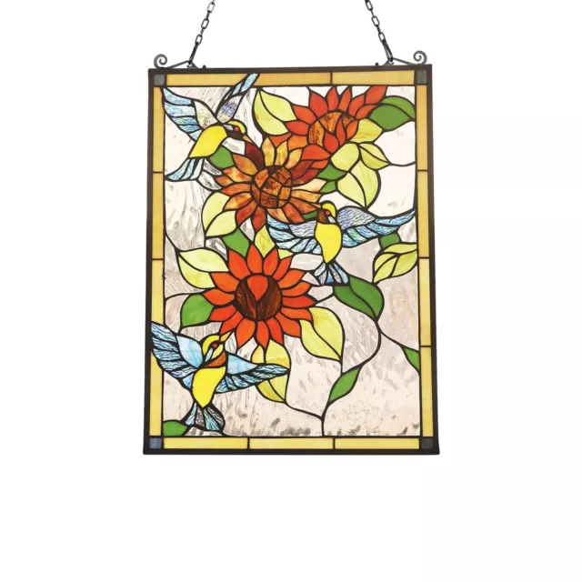 Stained Glass Sunflowers & Birds Window Panel 17.7" W x 24.6" H Tiffany-style