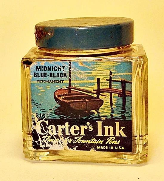 Vtg Carters Fountain Pen Ink MIDNIGHT BLUE-BLACK Square Bottle ROWBOAT DOCK Lid