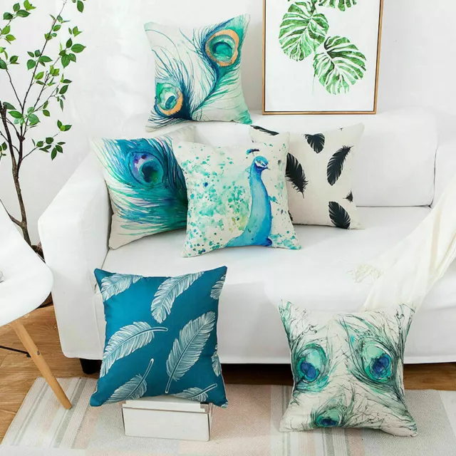 Decor Home Cover 18" Cotton Linen Watercolor Peacock Pillow Case Sofa Cushion