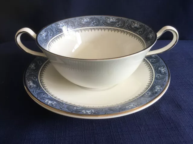 Aynsley Blue Mist soup cup & saucer (minor pattern flaws & minor rim gilt wear)