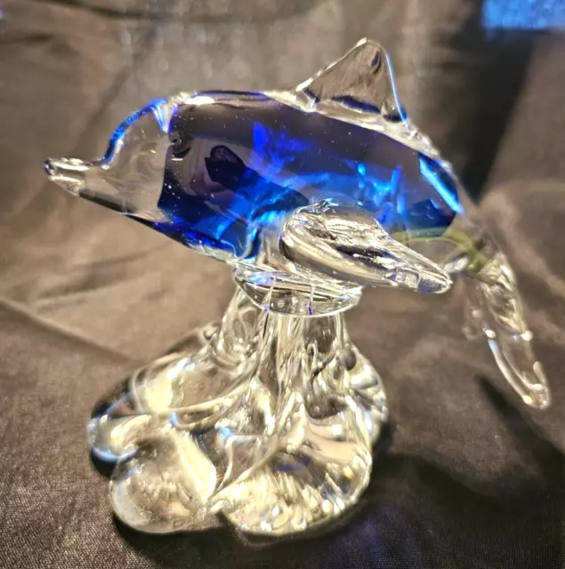 Vintage Hand Blown Dolphin Paperweight Cobalt Blue & Clear Glass 6" x 5"