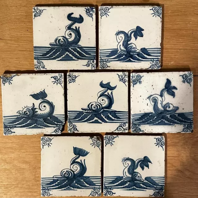 Seven 1500's/1600's Dutch Delft Faience Tiles with Sea Monsters/Serpents/Fish