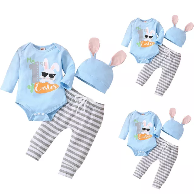 Newborn Baby Easter Bunny Outfit Romper+Striped Pants+Rabbit Ear Hat Casual Suit