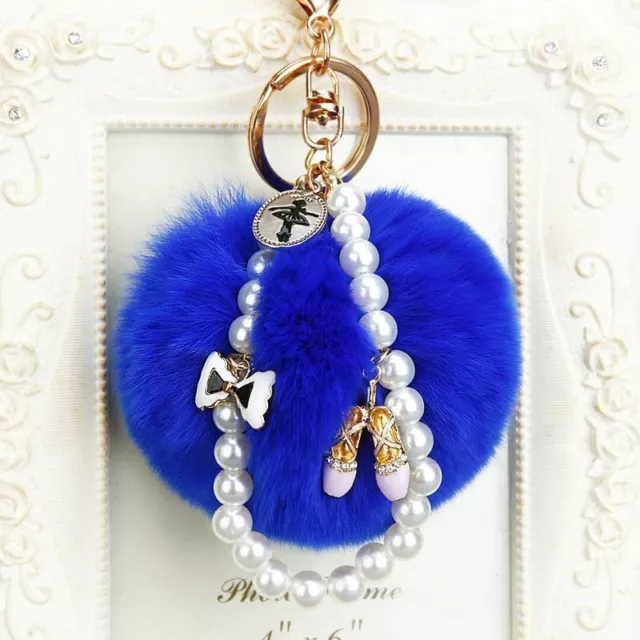 Pompom Keychain Faux Fluffy Crystal Pearl Chain Women Handbag Keychains Jewelry