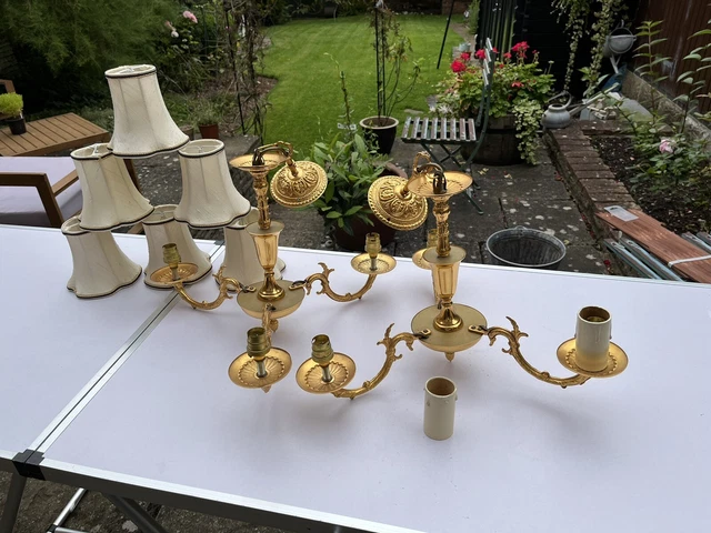 Pair of Vintage Retro 3 Arm Brass Gold French Rococo Ornate Style Chandelier