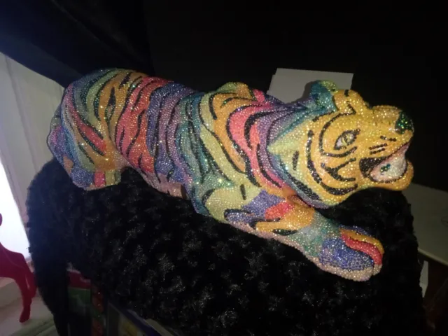 Large 21 in Rainbow Rhinestone Tiger Ceramic Sculpture OOAK