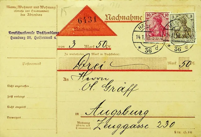 Sephil Deutschland 1918 WWI 3pf+10pf Auf Nachnahme Karte Hamburg Sich Augsburg
