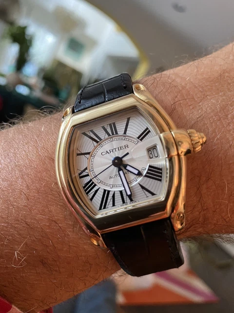 Cartier Roadster 18k Yellow Gold Black Croc Auto Silver Men's Watch 2524