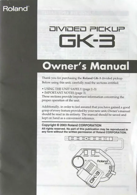 Roland GK-3 Divided Pickup Original Owner's Manual Booklet, English and Japanese