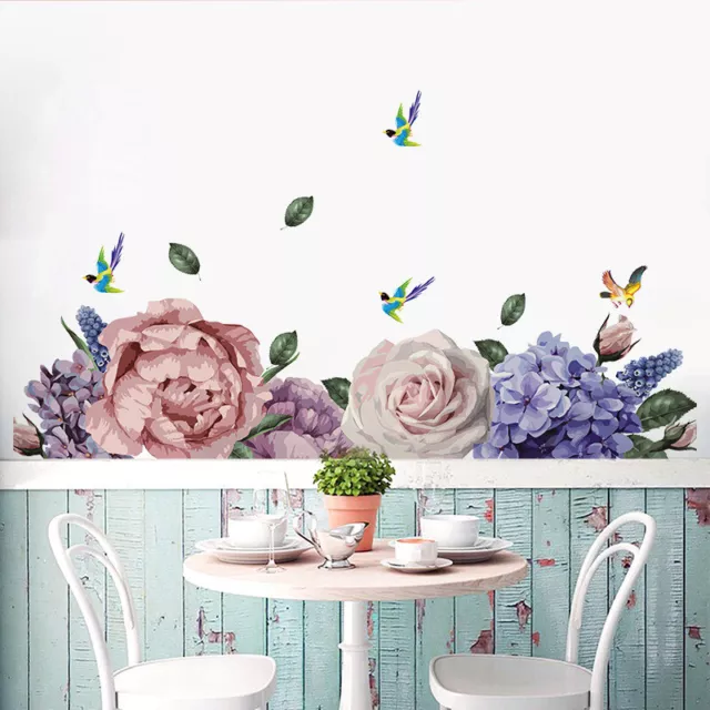 Wall Stickers Peony Rose Hydrangea Birds Falling Green Leaves Removable AU Stock