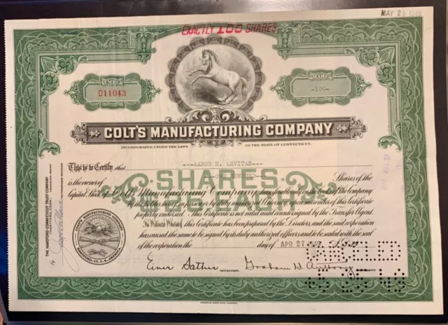 1940’s Colt’s Manufacturing Company Stock Certificate 100 Shares