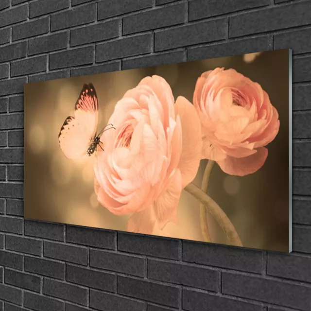 Immagine Arte da Parete Vetro Tempereto 100x50 Farfalla Rose Natura