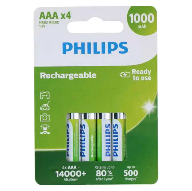 4 Philips Rechargeable AAA batteries Nimh HR03 1000 MAH Batterie 4BL 1.2V Neuf