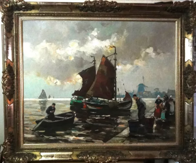 Harry Haerendel (1896-1991) 3XL-Holland-Gemälde: FISCHVERKAUF DIREKT AN DER MOLE