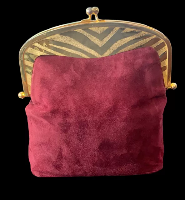 Vintage Harry Rosenfeld Burgundy Red Suede Gold Metal Clutch Purse 1940s/50s