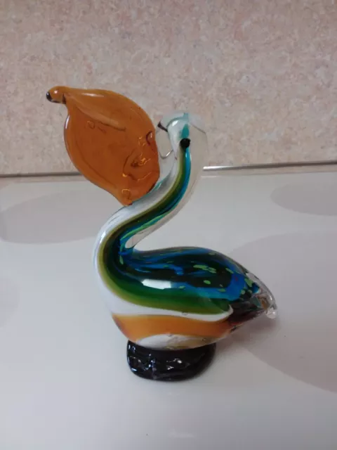 GCA Art Glass Pelican Figurine / Paperweight Multi-colored with Amber Beak 7"