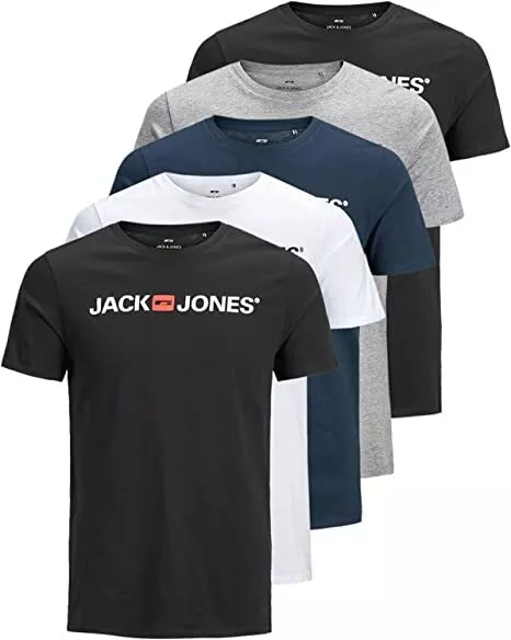 Jack & Jones 5er-Pack T-Shirt Herren Slim Fit Logo Print Shirt kurzarm Neu