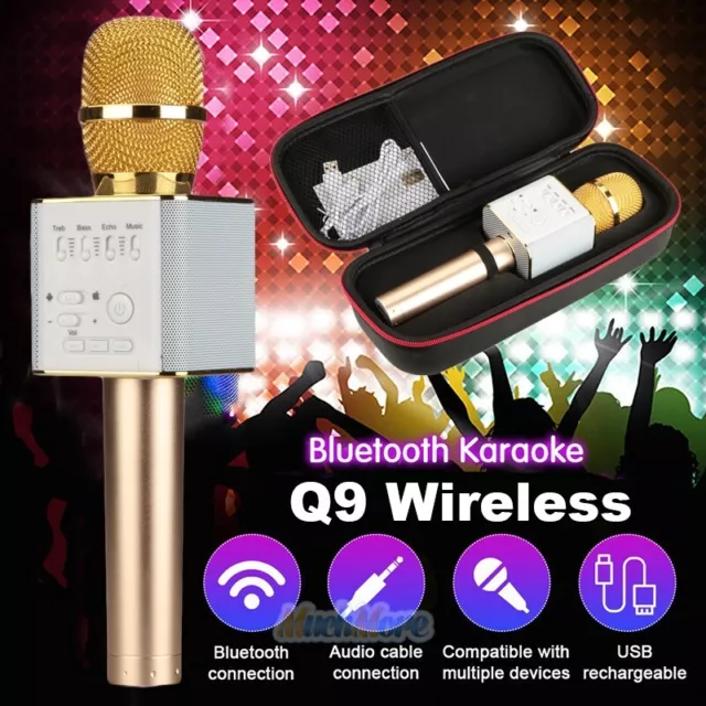 Q9 Wireless Bluetooth Karaoke KTV Microphone Mini Home Speaker 3IN1 Gold+Pouch
