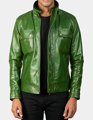 Men's Genuine Sheepskin Leather Jacket Green Biker Motorcycle Leather Jacket