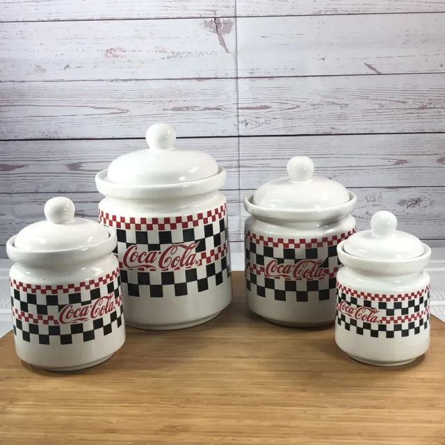 Vintage 1997 Coca-Cola 4-Piece Kitchen Canister Set Gibson Red Black Checkered