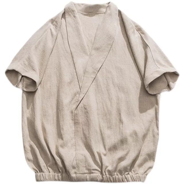 Uomo Lino T-Shirt Casual Cinese Hanfu Manica Corta Scollo A V Camicetta Estate