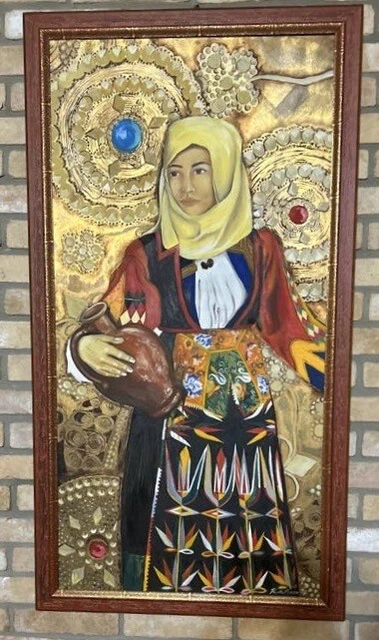 Quadro Donna Sarda Olio Su Tela e Sfondo Foglia Oro