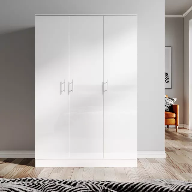 3 Door Triple Wardrobe White Gloss with Hanging Rail & Shelves Bedroom Furniture