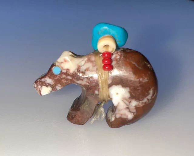 Tiny Native Zuni Carved Crazy Horse Turquoise Bear Fetish By Fernando Laiwakete