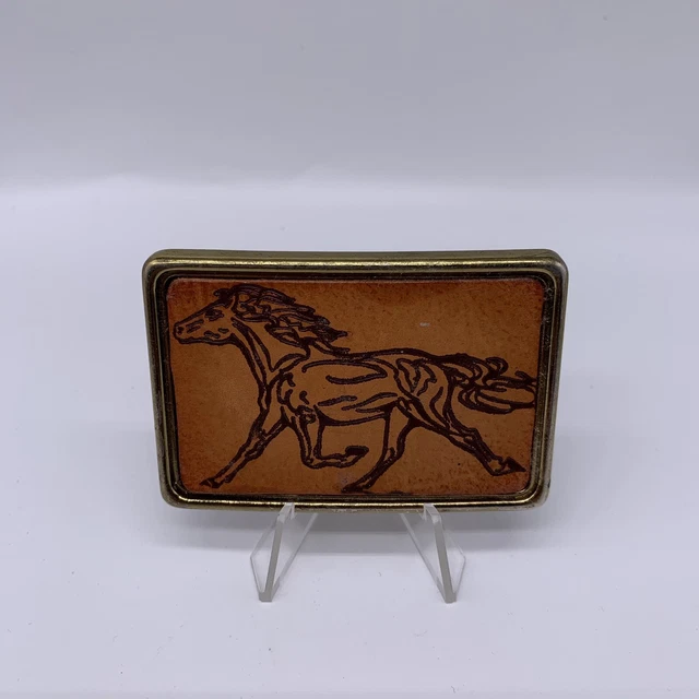 VTG 70s Painted Leather Stallion Horse Belt Buckle