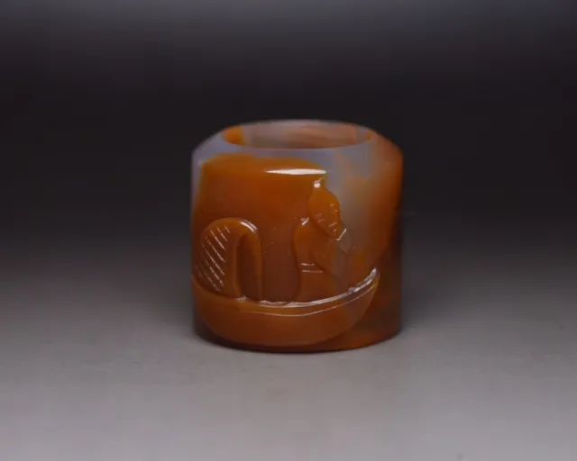 Chinese Old Natural Agate Hand Carved Figure Statue Nice Thumb Ring Jewelry Rare