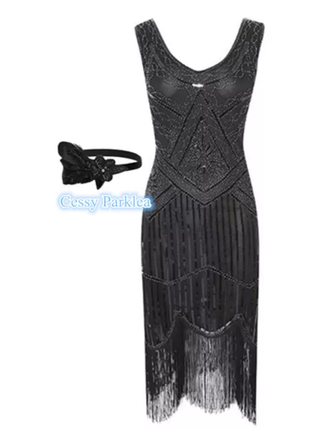 ZA2-1 Black Ladies 1920s Roaring 20s Flapper Gatsby Costume Sequins Outfit Dress