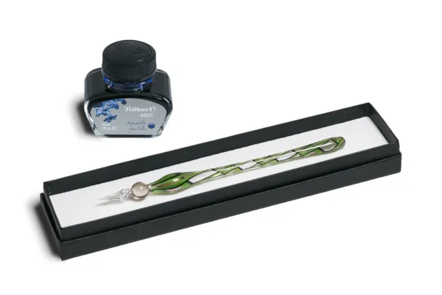 Glasfeder Tintenschreiber Schreibfeder Glas grün/gold mit Etui und Pelikantinte