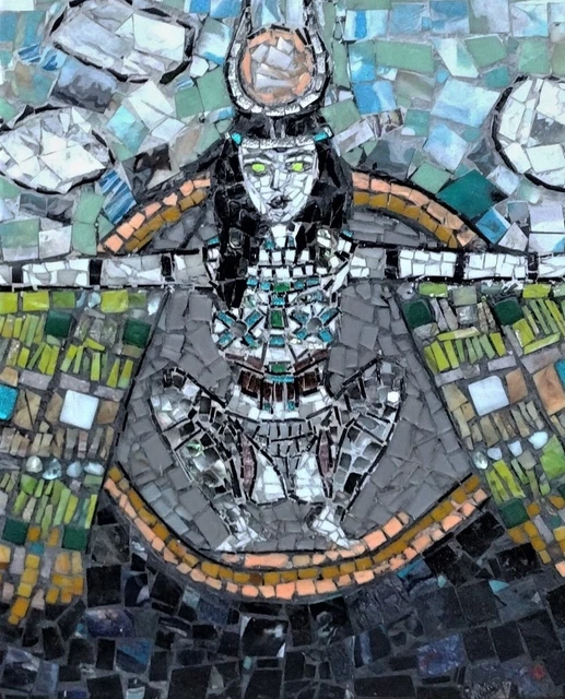 Goddess Isis, mosaic, wall art glass and clay uv activated , glows in the dark