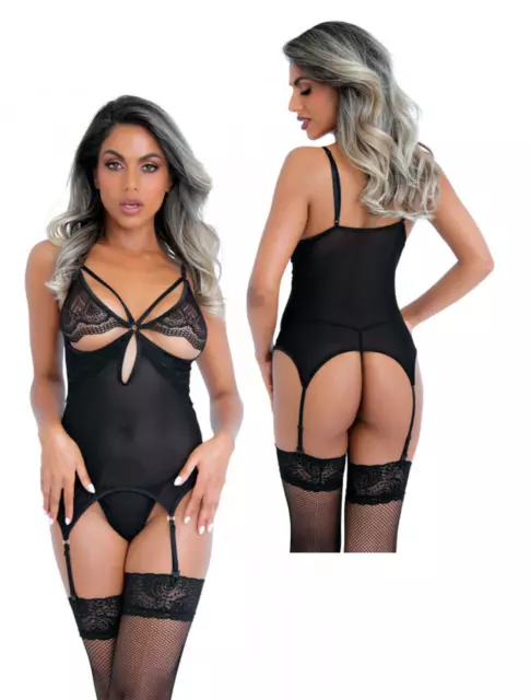 Guepiere con reggicalze perizoma in pizzo nero trasparente sexy corsetto donna