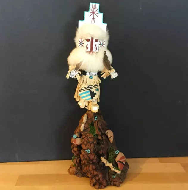 Hopi "White Cloud" Kachina, Standing on Wood Carved Mountain, Signed by artisan