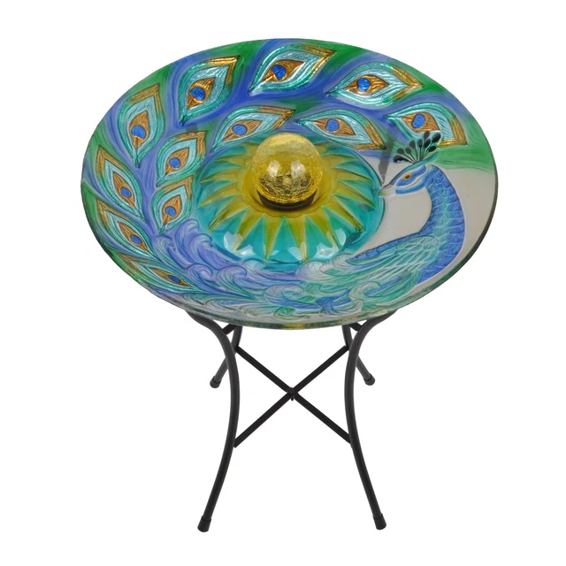 18" Outdoor Solar Glass Peacock Birdbath with LED Lights Stand