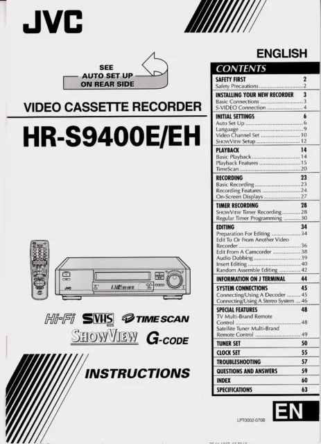 " Instructions Manual for JVC HR-S 9400 E/EH Video Cassette Recorder "